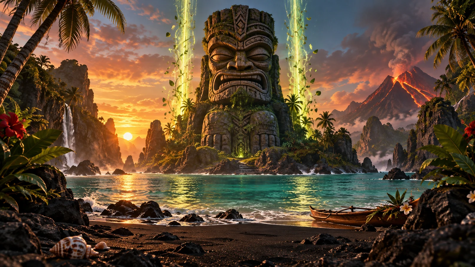 Original editorial artwork of a monumental stone tiki guardian between two columns of green light on a volcanic island