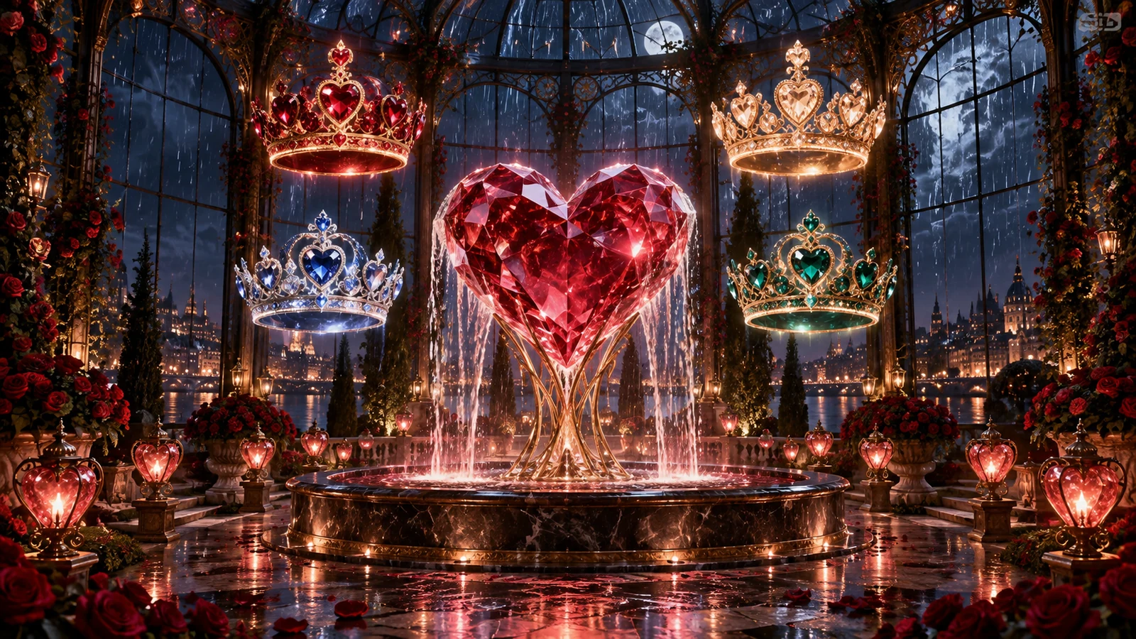 Original editorial artwork of a crystalline heart fountain surrounded by four floating jewel crowns in a moonlit conservatory