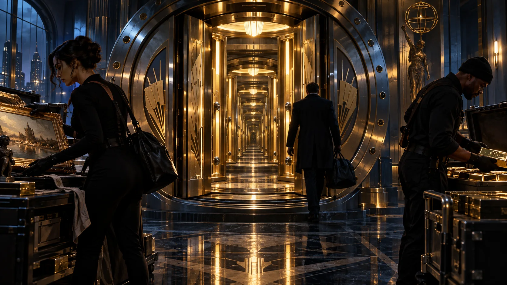 Original editorial artwork of a three-person heist crew inside a repeating art-deco bank vault
