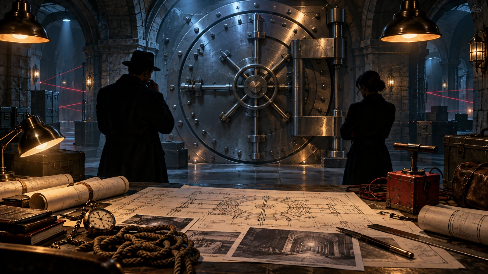 Original editorial artwork of two anonymous planners studying a massive steel vault door and blueprints in a noir chamber