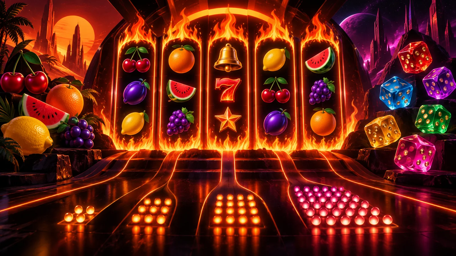 Original fiery illustration contrasting classic fruit reels with glowing dice lanes