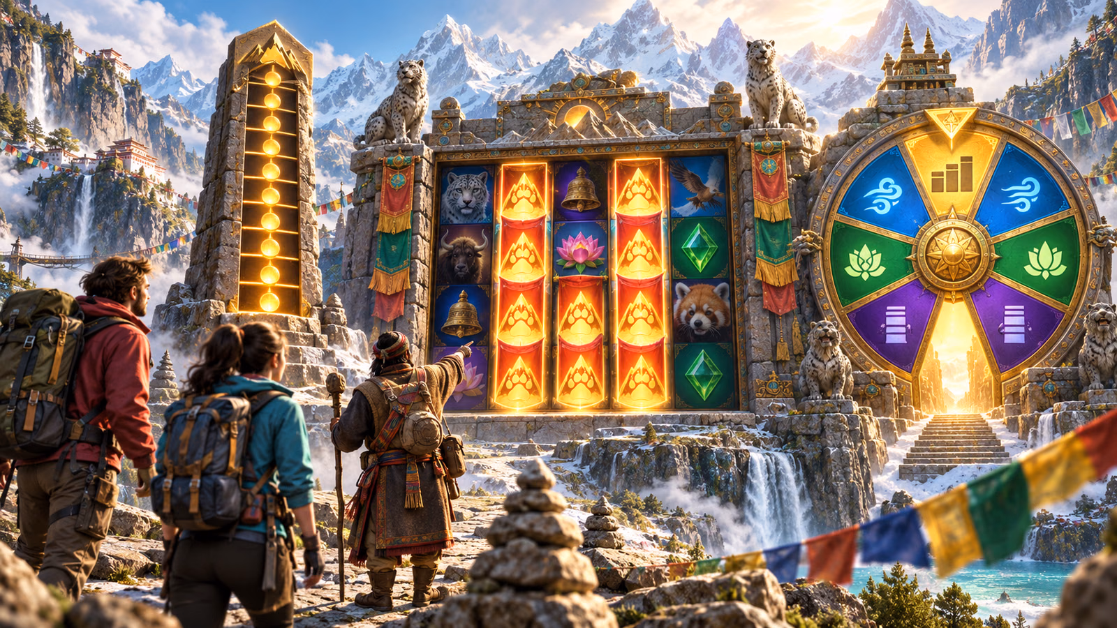 Original mountain valley slot scene with stacked Wild columns, a bonus wheel and a ten-step multiplier panel