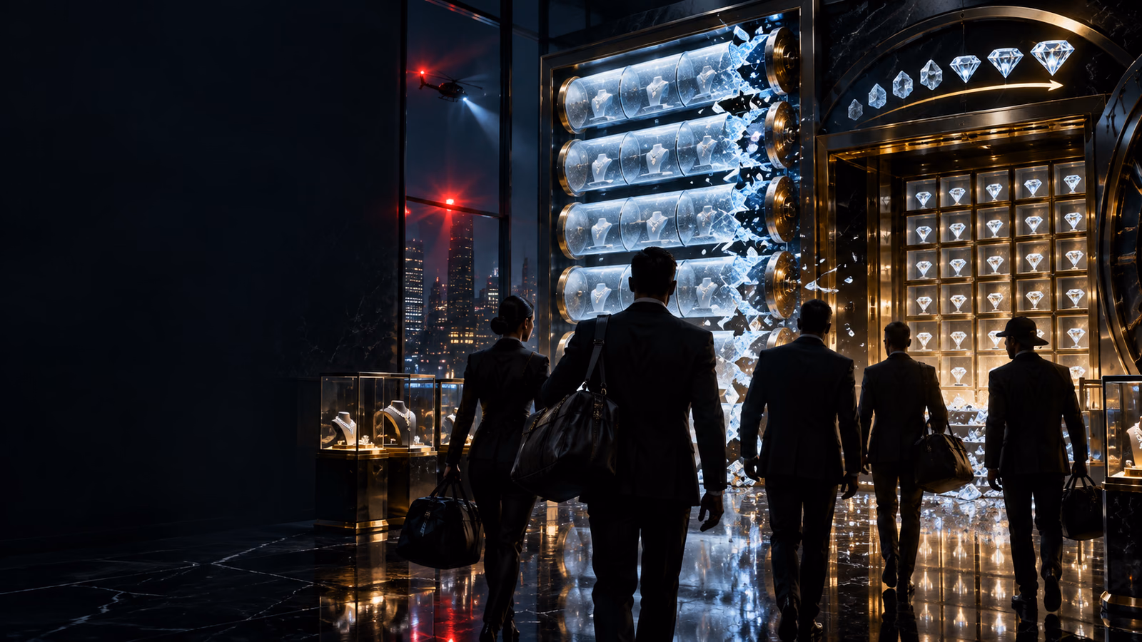Original luxury jewellery heist with five cracking glass rows, diamond conversion meter and expanding vault grid