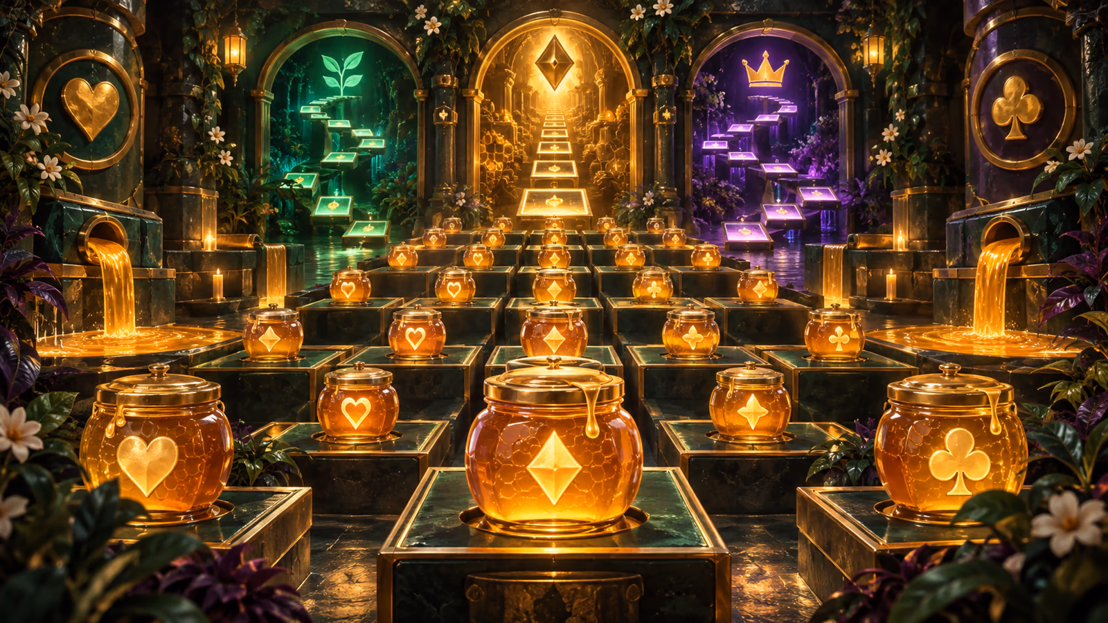 Editorial honey vault and prize-grid illustration for the Honeylock's Pots rules guide