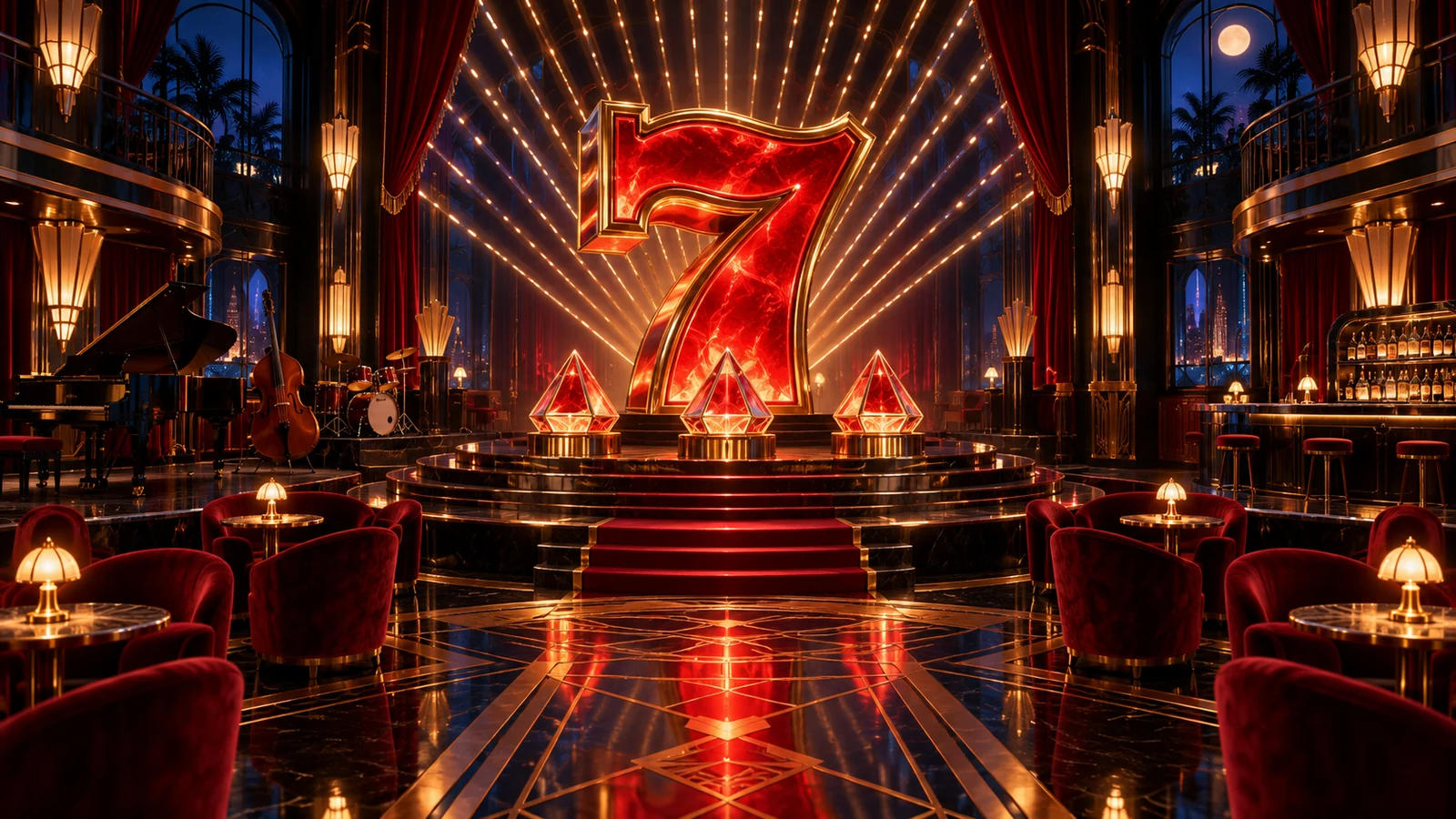 Original editorial artwork of an art-deco jazz lounge centred on a monumental glowing red seven sculpture