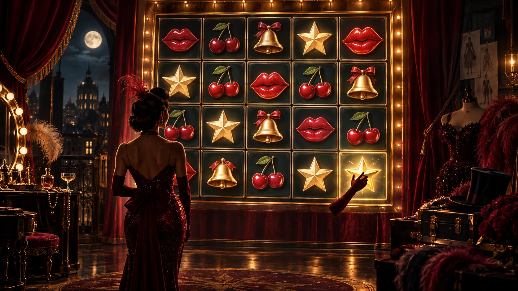 Original editorial artwork of a performer assembling a luminous five-by-four retro fruit puzzle