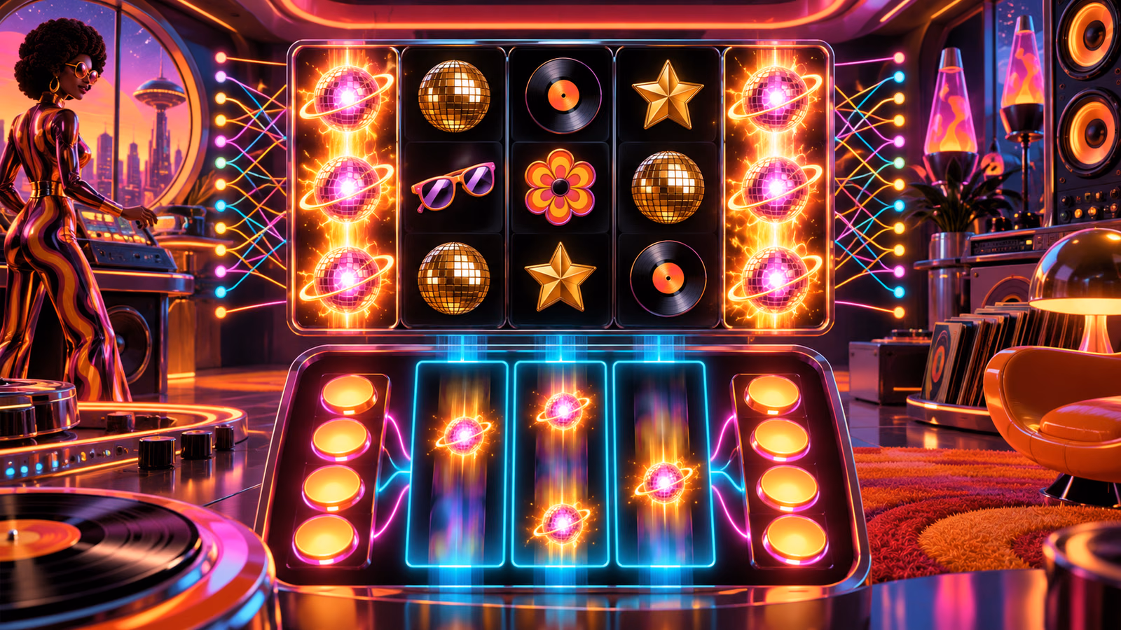 Original retro-futurist music room with a three-by-five neon board, matching Hot reels and eight glowing beat pads