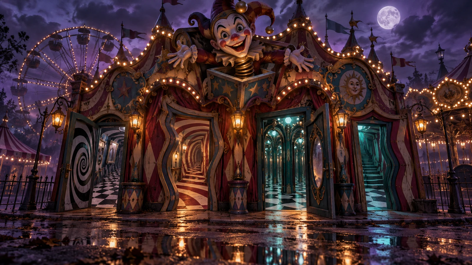 Original editorial artwork of a moonlit carnival funhouse with several optical-illusion doors and a jack-in-the-box ornament