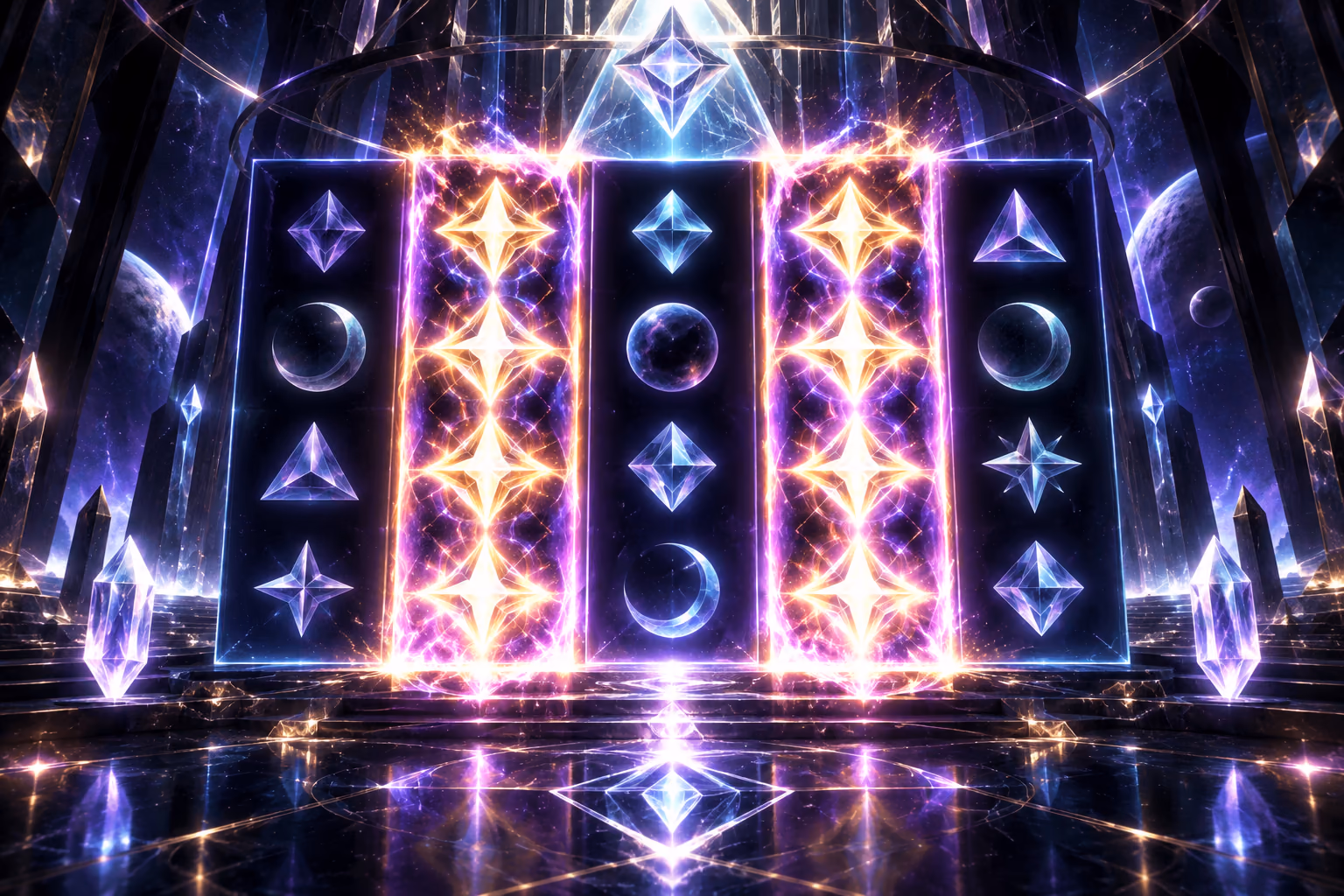 Original cosmic prism chamber with two bright Hot Reels filled with additional Wild symbols