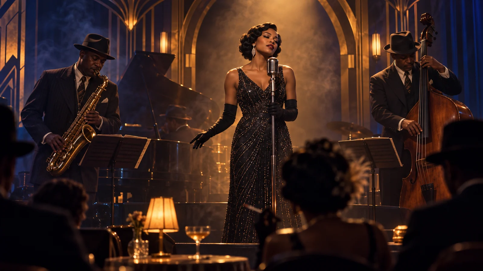 Original editorial artwork of a 1930s jazz singer performing with saxophone and double bass musicians