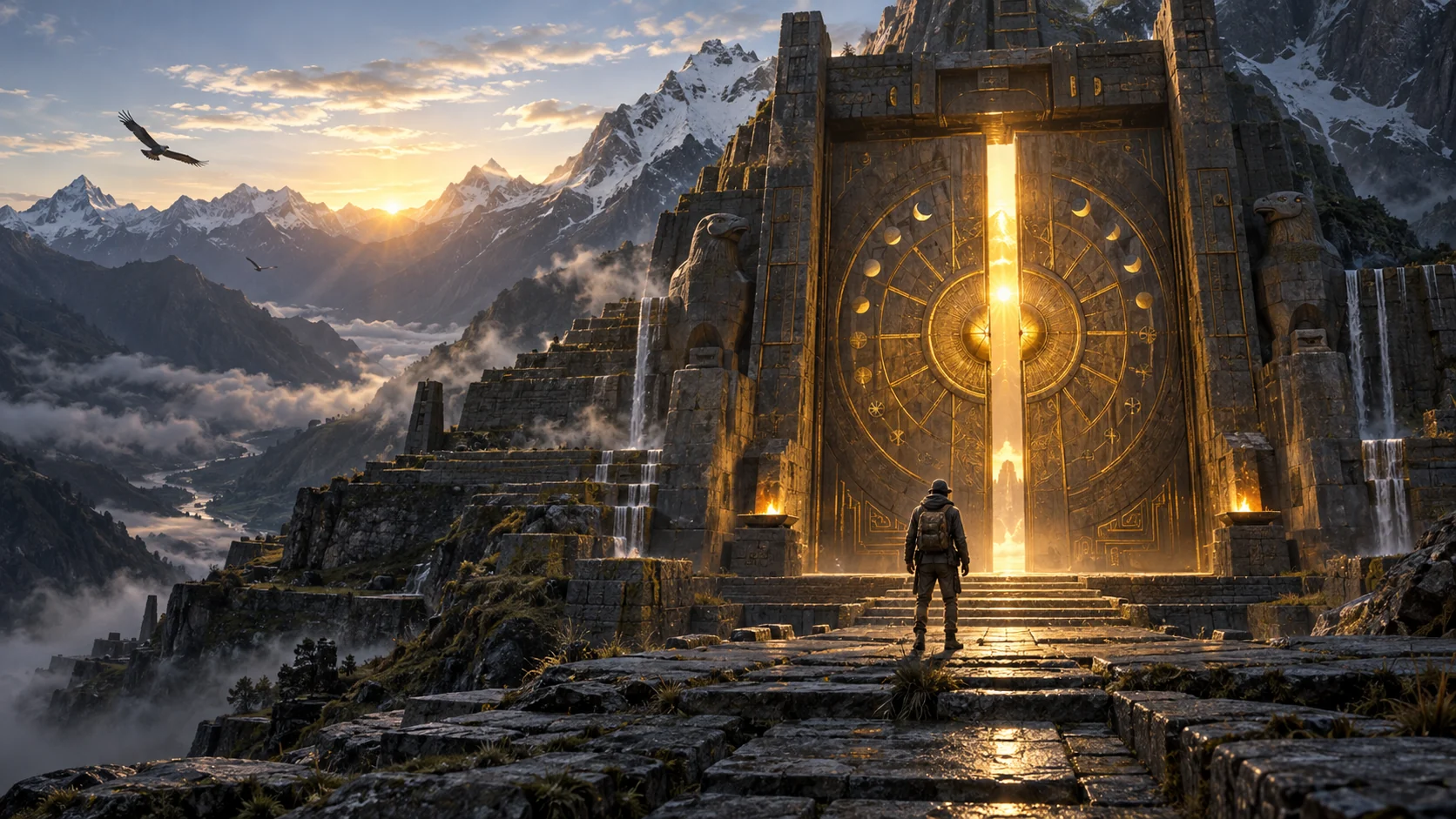 Original editorial artwork of an expedition figure facing a luminous astronomical doorway in a vast Andean mountain sanctuary