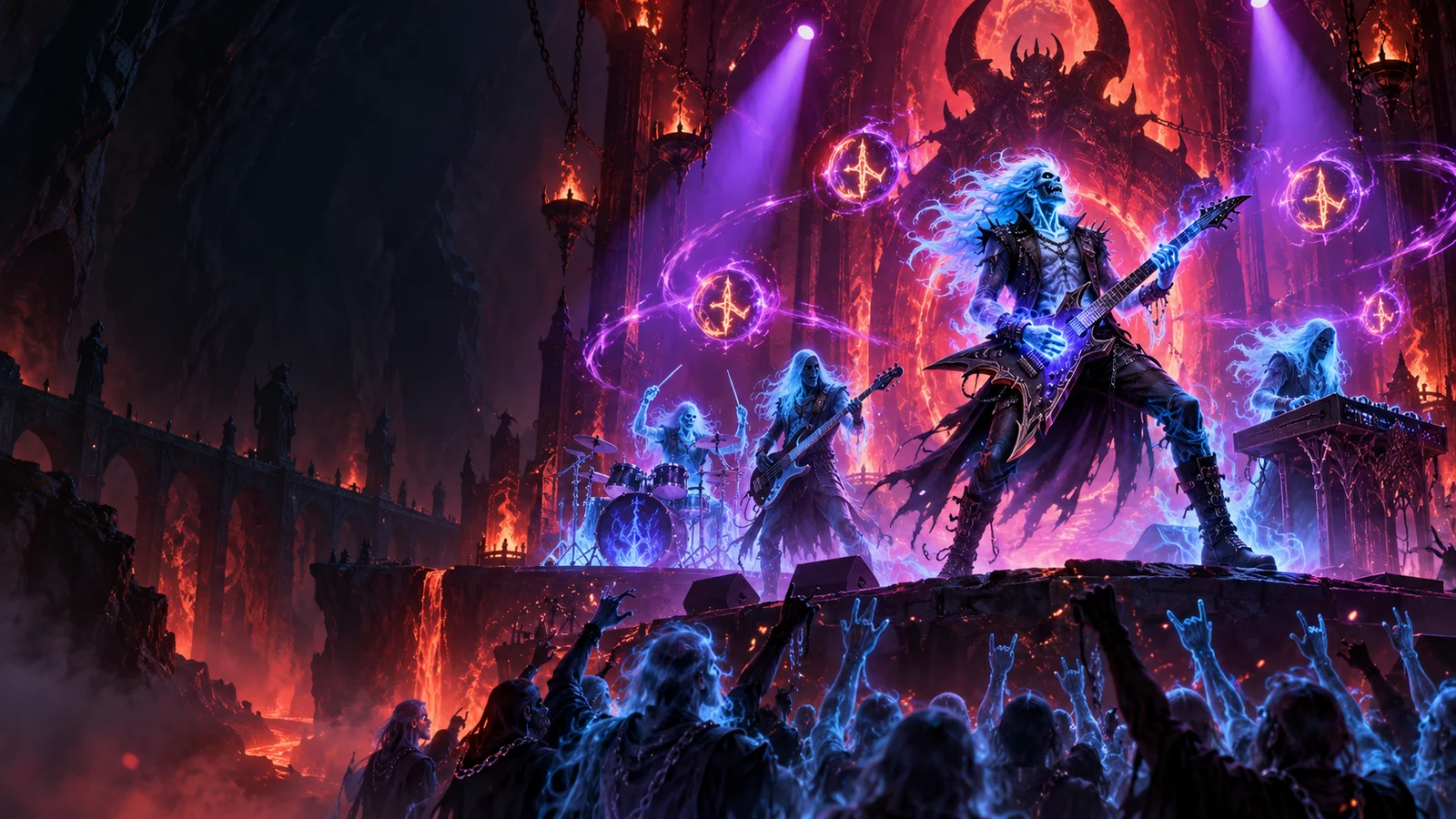 Original editorial artwork of a spectral rock band performing in a fiery underground hall
