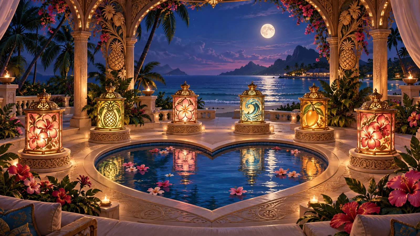 Original editorial artwork of six ornate prize lanterns surrounding a heart-shaped pool on a moonlit tropical island