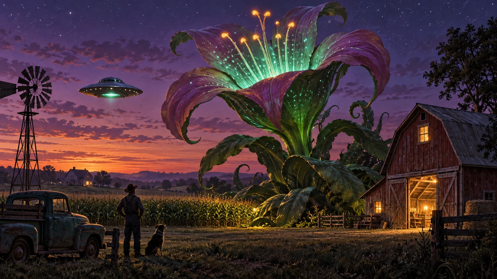 Original editorial artwork of a glowing alien flower beside a farm, barn and hovering saucer at twilight