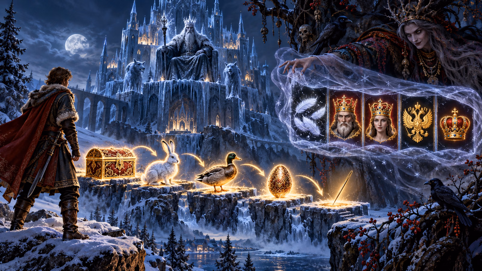 Original Slavic winter quest with a chest, hare, duck, egg and needle progression plus four veiled reel positions