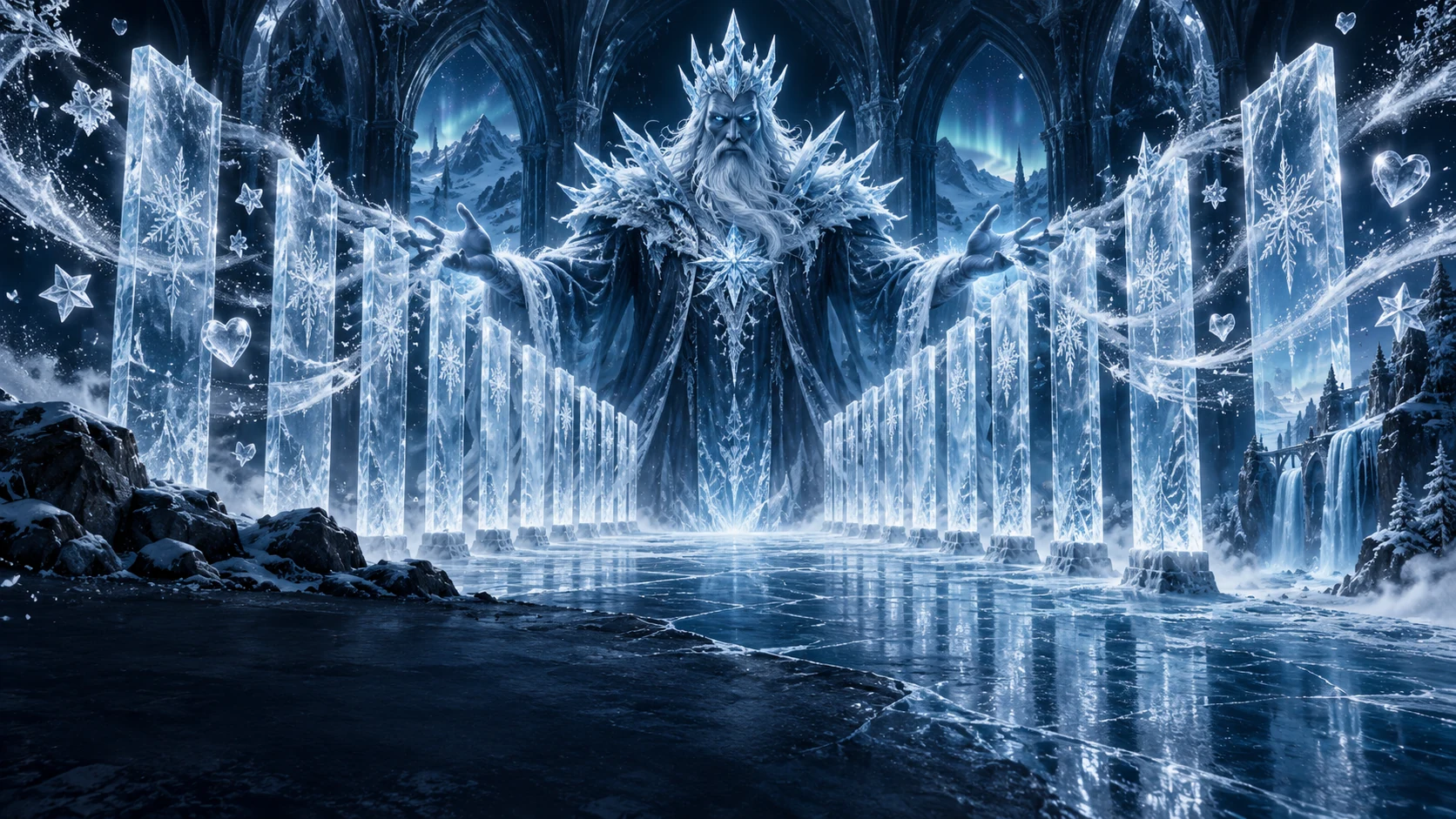 Original editorial artwork of a frost spirit opening a corridor of crystalline ice pillars