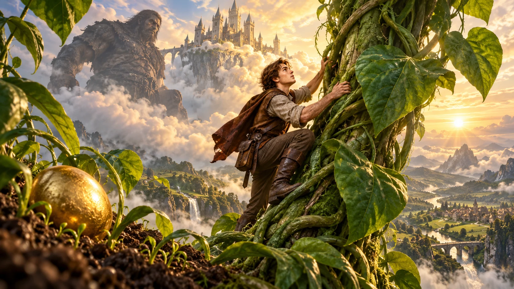 Original editorial artwork of a young hero climbing a giant beanstalk toward a cloud castle, with a golden egg and giant silhouette