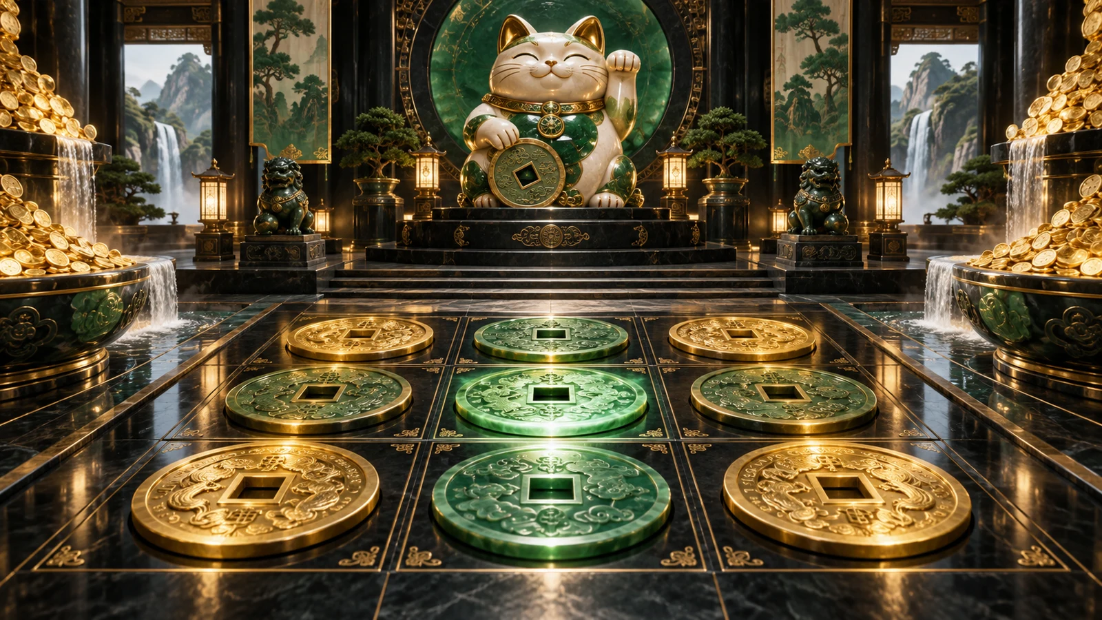 Original editorial artwork of a Maneki-neko statue above a three-by-three jade and gold coin mosaic