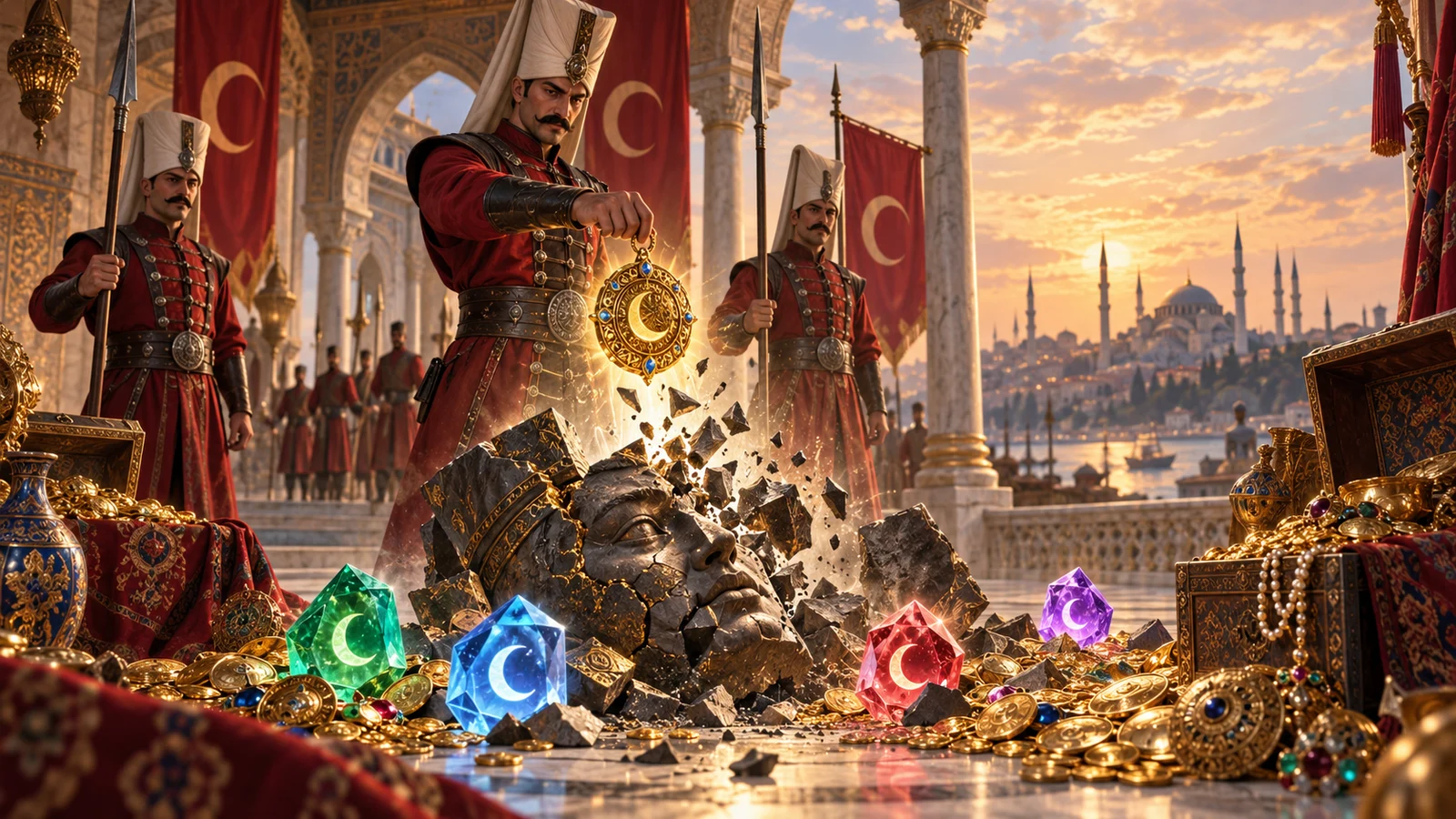 Original historical-fantasy artwork of palace guards, amulets and shattered cursed relics