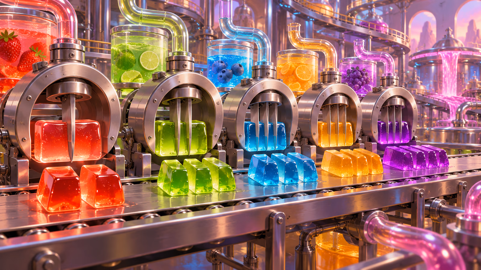 Original colourful jelly factory with five precision slicers dividing translucent blocks on a conveyor