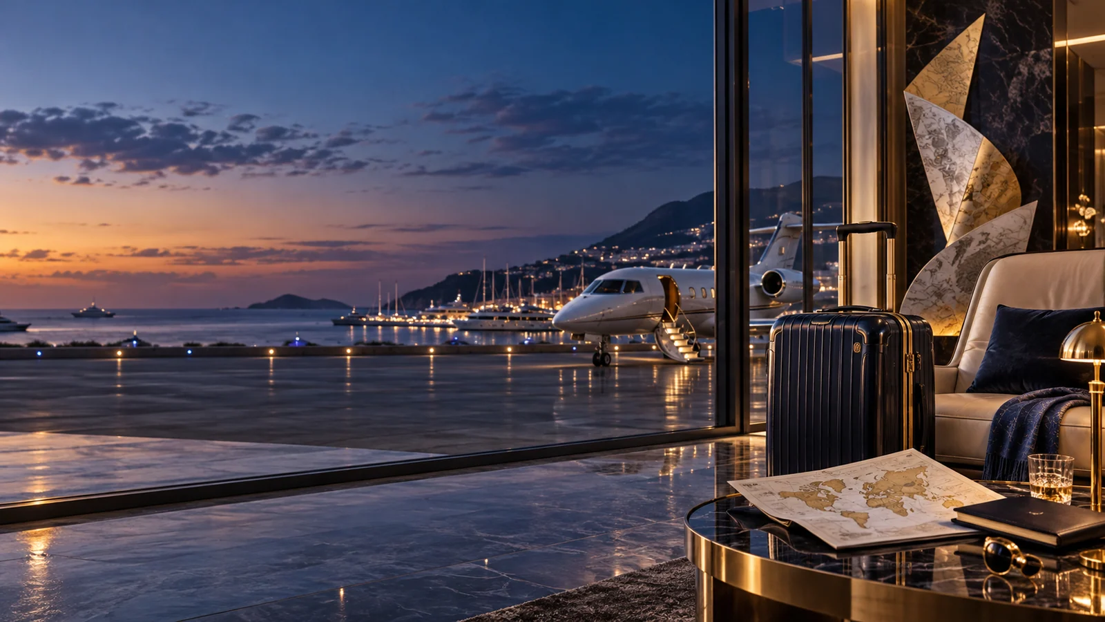 Original editorial artwork of an airport lounge, private jet, luggage and world map at twilight