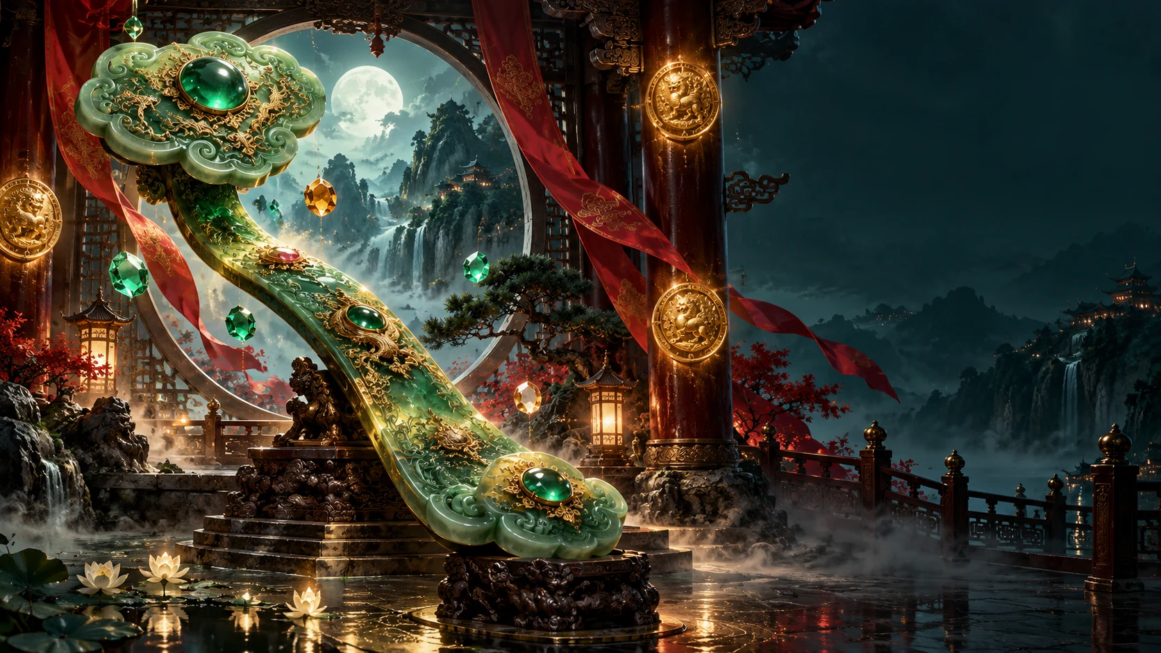 Original editorial artwork of a monumental jade Ruyi sceptre and suspended jewels in a moon-gate sanctuary