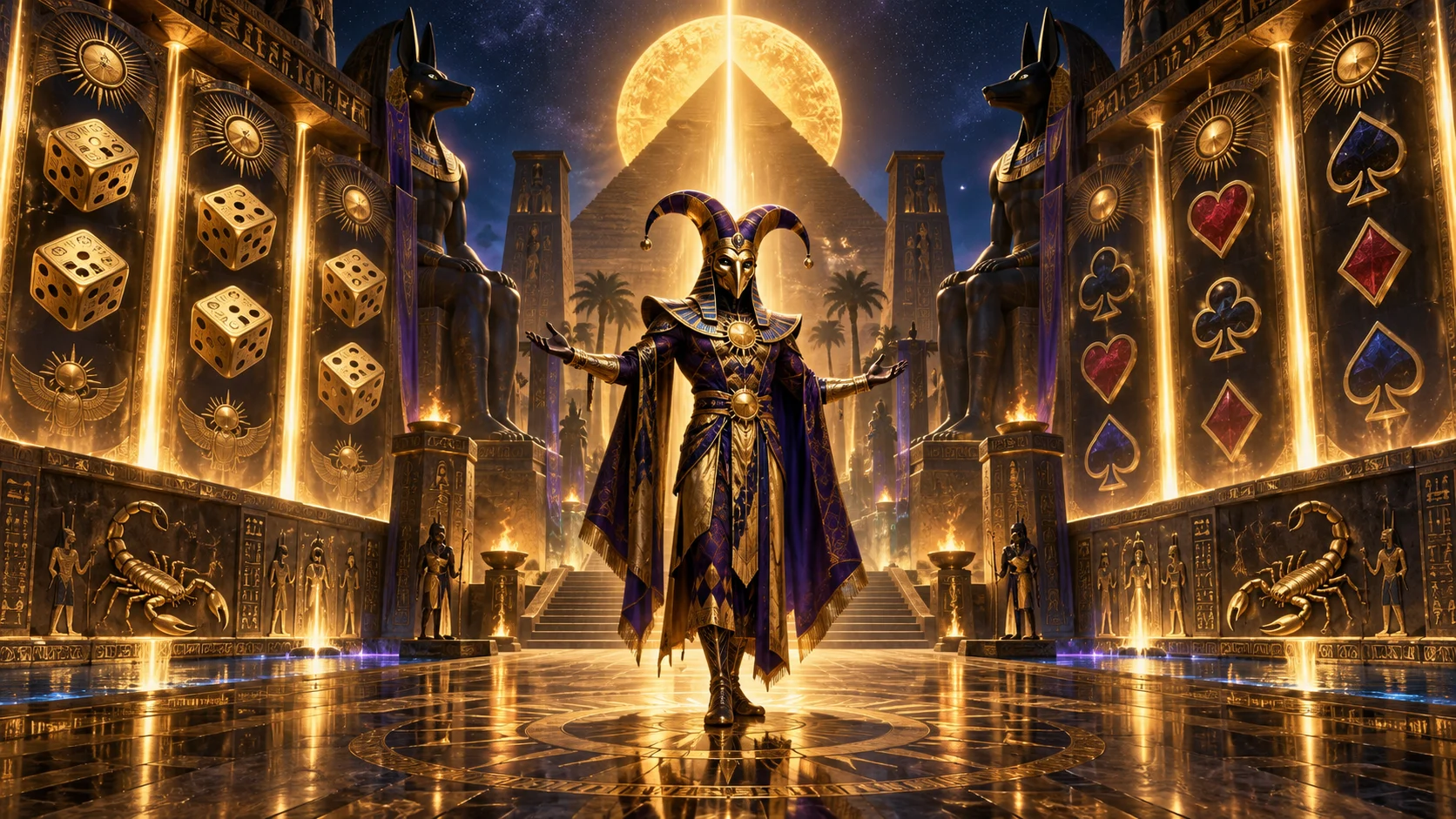 Original editorial artwork of a masked Ra-inspired jester between golden dice and card-suit temple halls