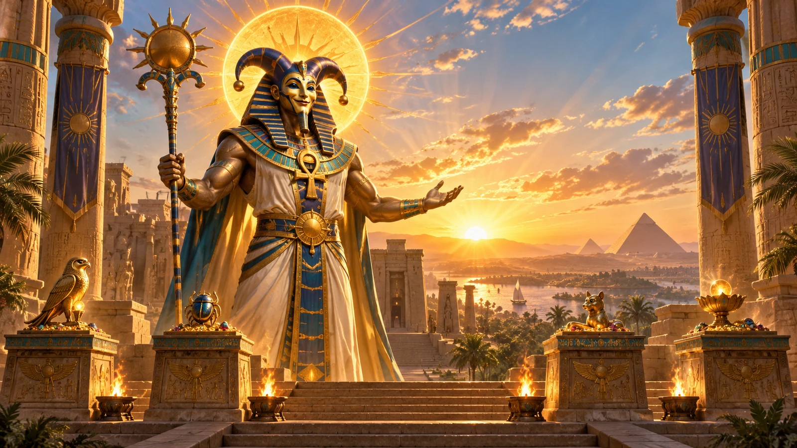 Original editorial artwork of a sun deity at an Egyptian temple during sunrise