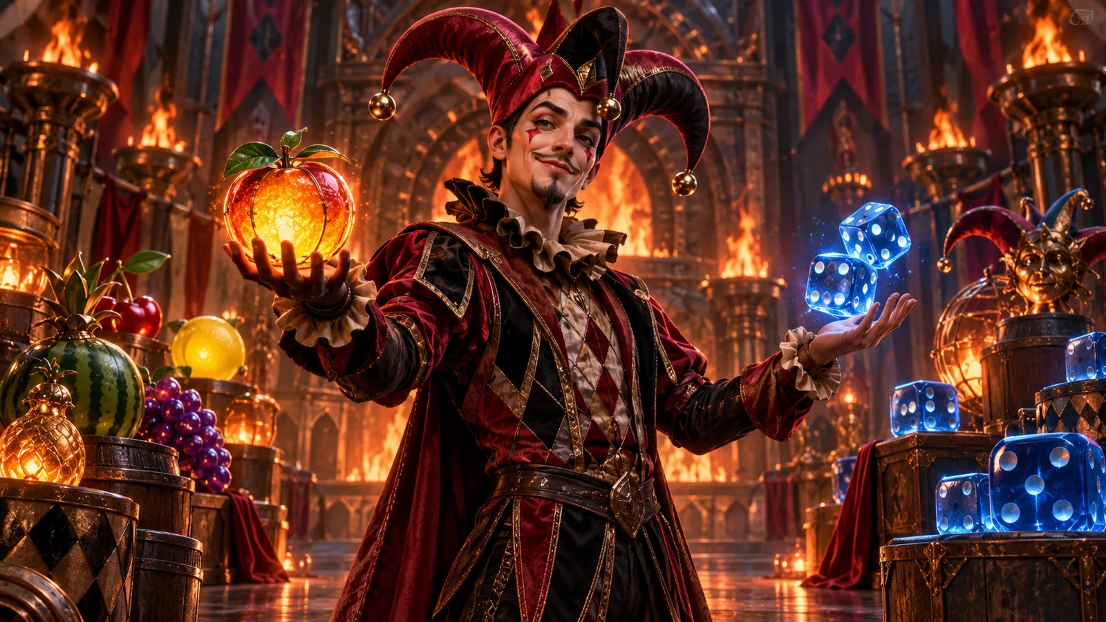 Original editorial artwork of a fire jester holding glowing fruit and blue dice in a furnace hall