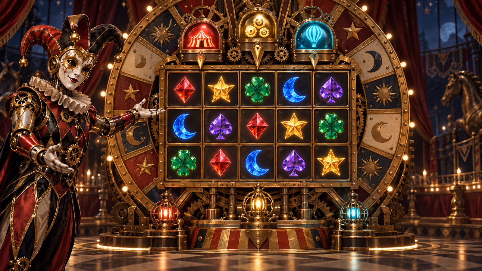 Original clockwork carnival with a five-by-three jewel board, brass outer wheel and three illuminated mode stages