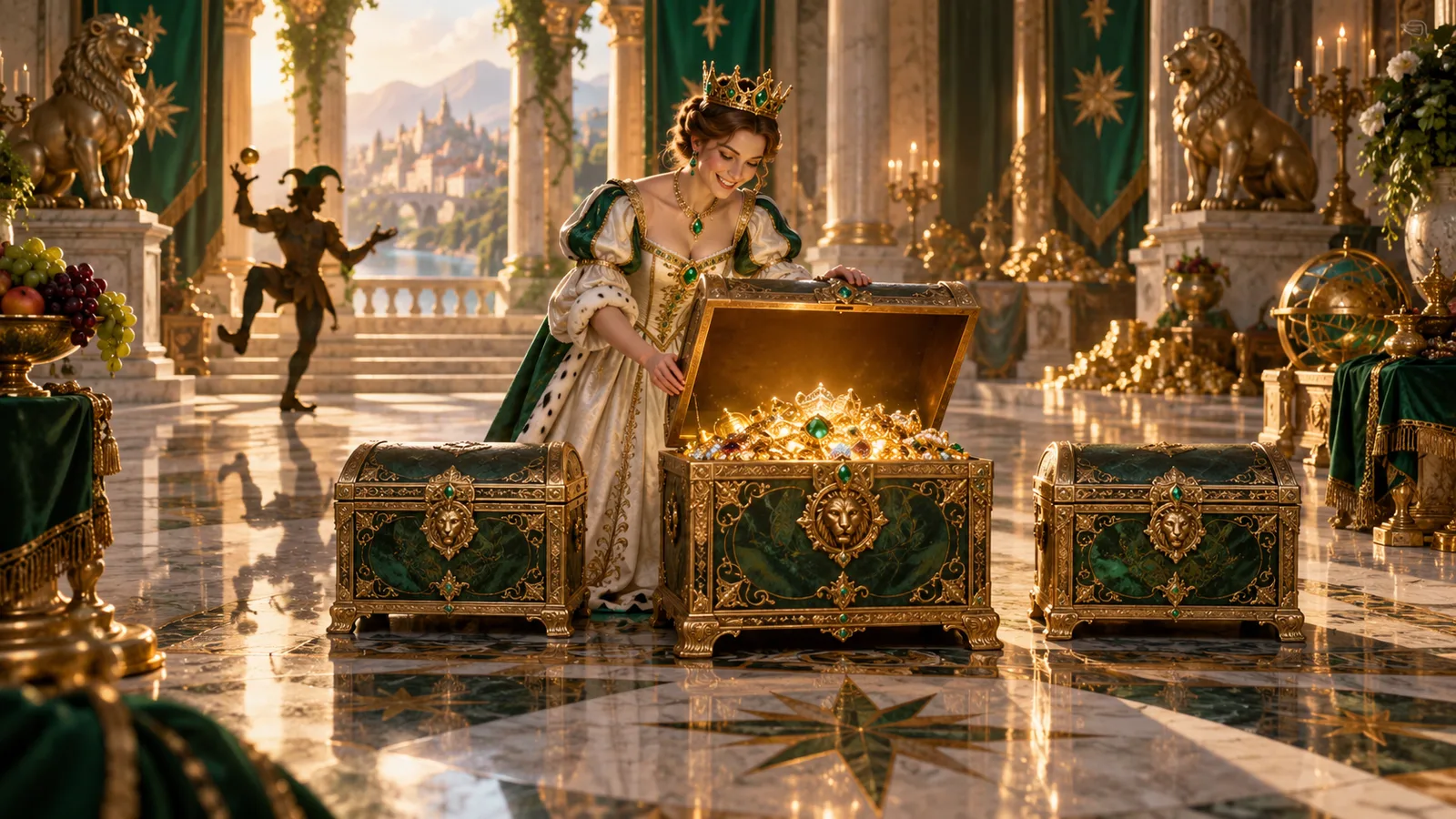 Original editorial artwork of a queen selecting one of three ornate treasure chests in a palace