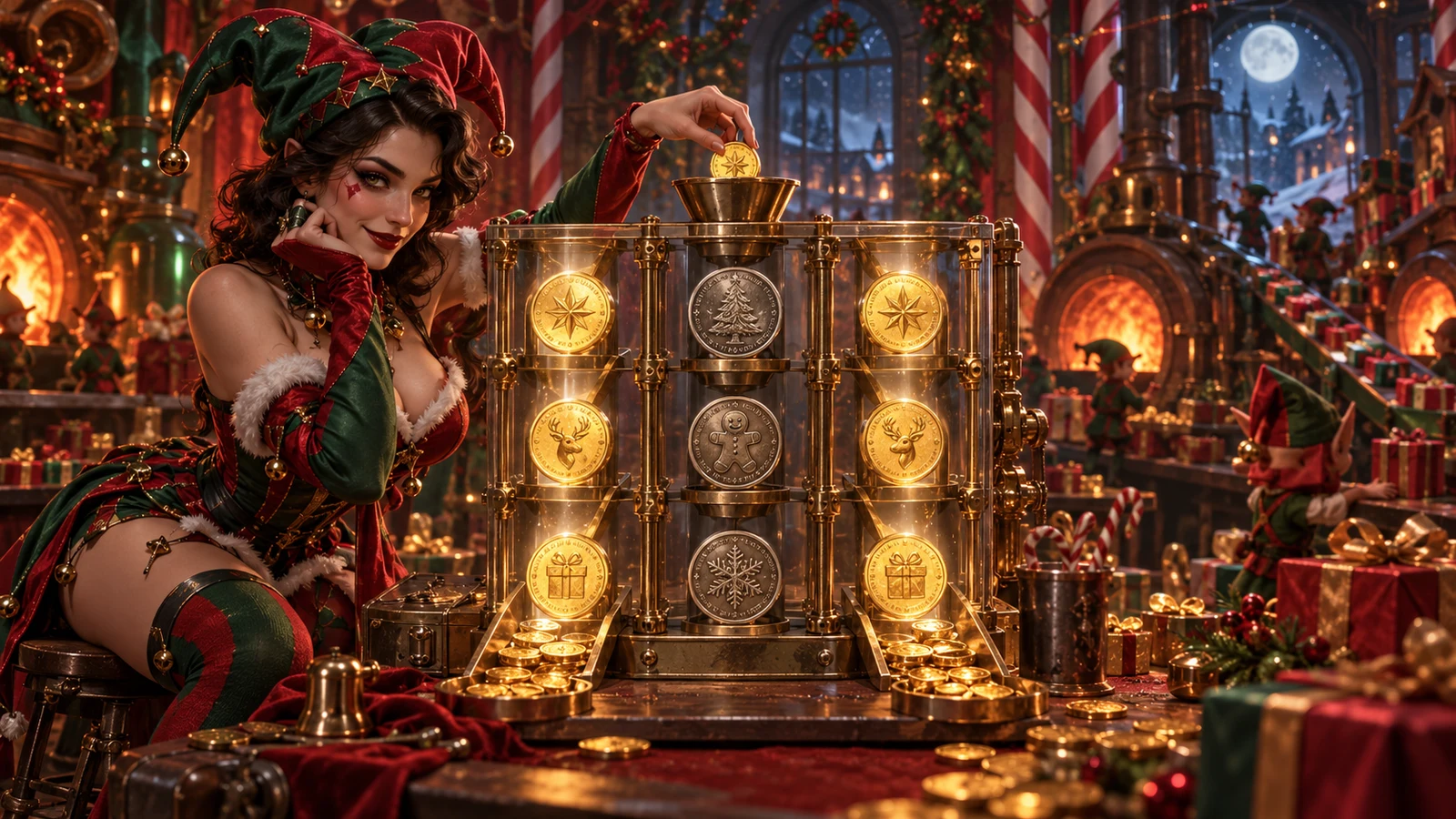 Original editorial artwork of a festive jester surrounded by gold prize coins in a winter workshop