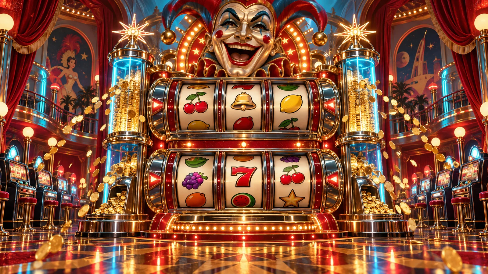 Original editorial artwork of a flamboyant retro arcade with two stacked three-reel machines and a joker sculpture