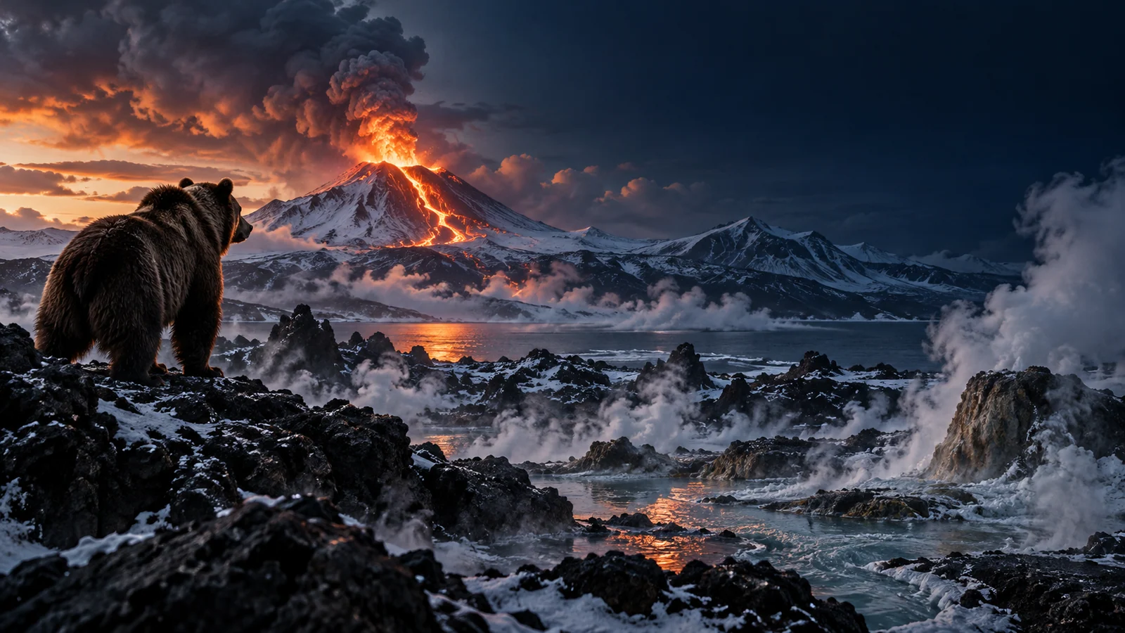 Original editorial artwork of a bear watching an erupting volcano across an icy geothermal landscape