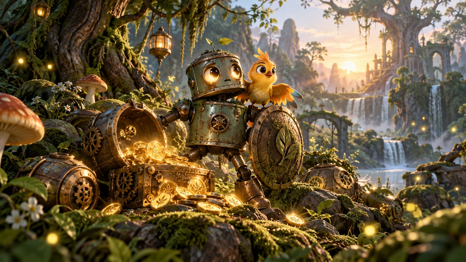 Original editorial artwork of a friendly forest robot and bird protecting glowing coins in an enchanted valley
