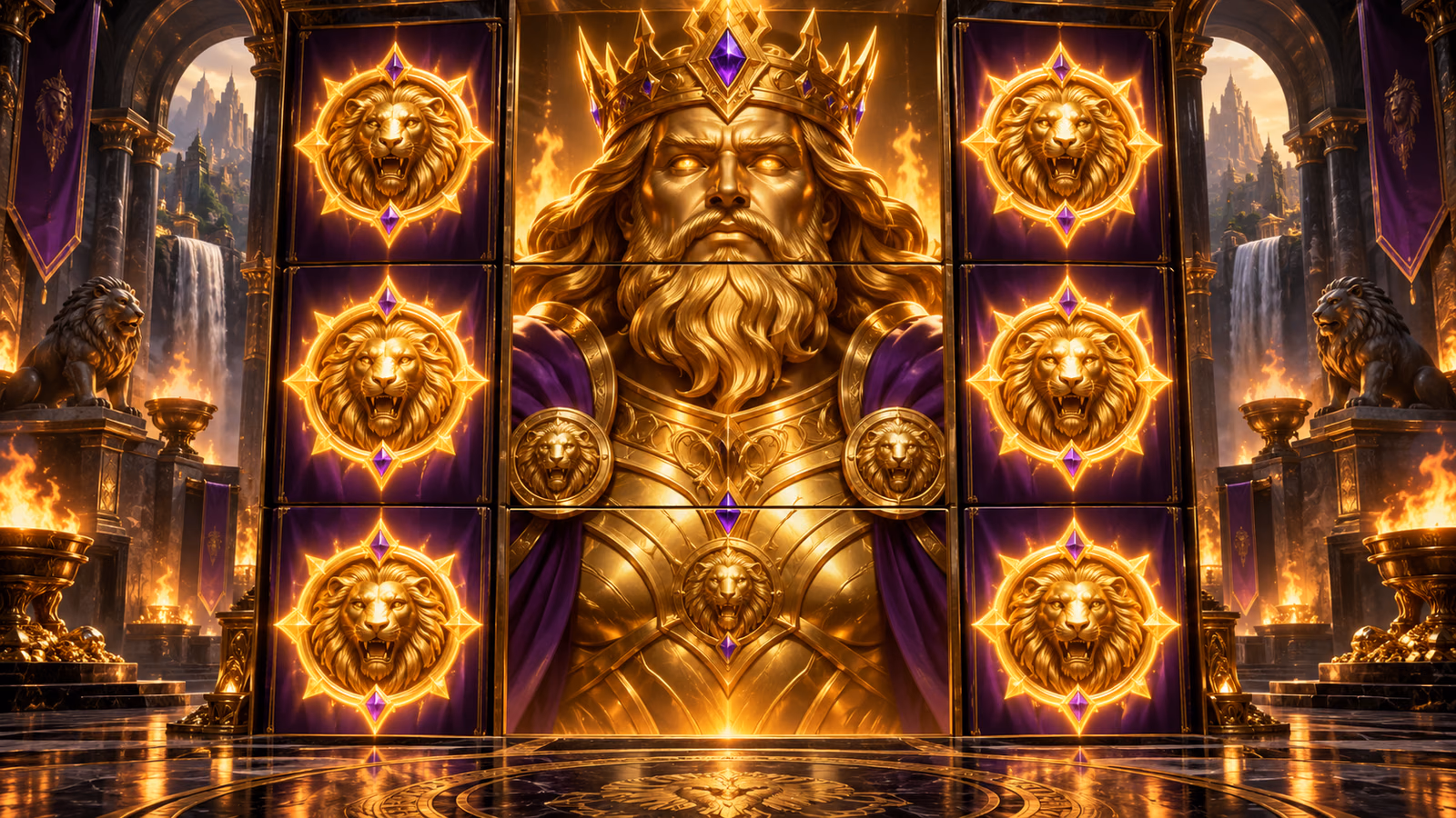 Original golden colossus spanning a three-by-three centre reel area with glowing emblems on the outer reels