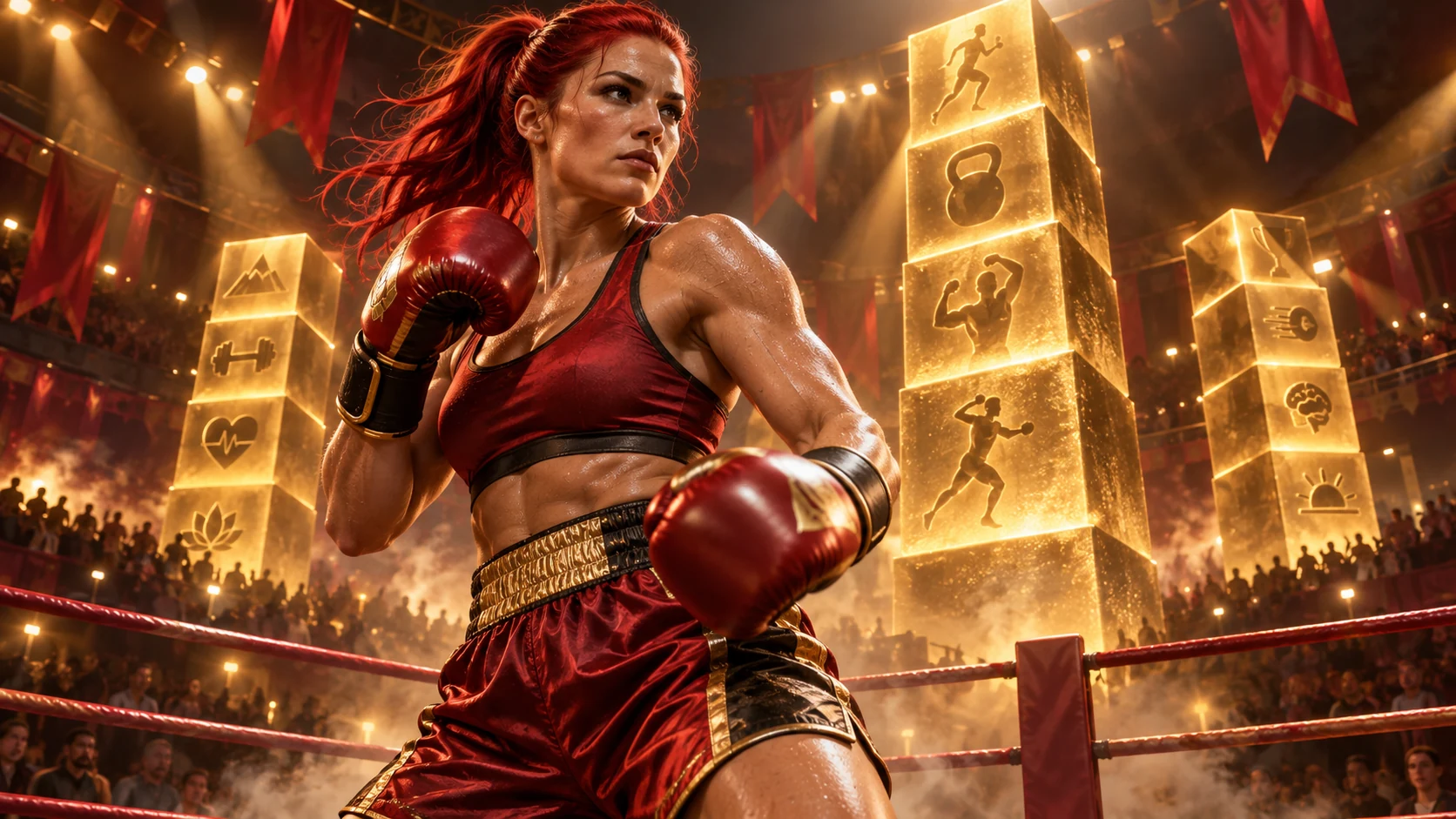 Original editorial artwork of a red-haired adult boxer inside an arena with glowing stacked training blocks