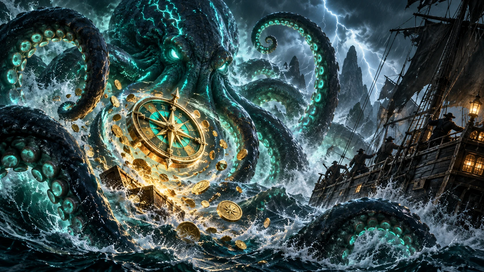 Original editorial artwork of a luminous kraken confronting a pirate ship around a golden compass in a storm