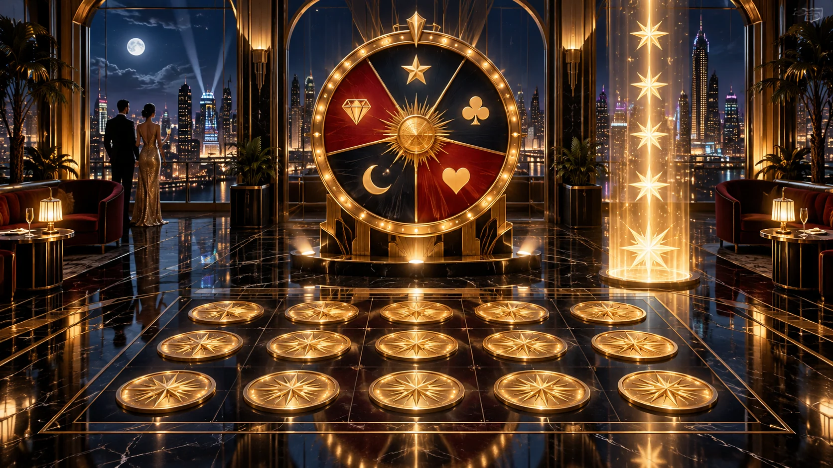 Original editorial artwork of an Art Deco rooftop salon with a luminous fortune wheel and fifteen gold discs