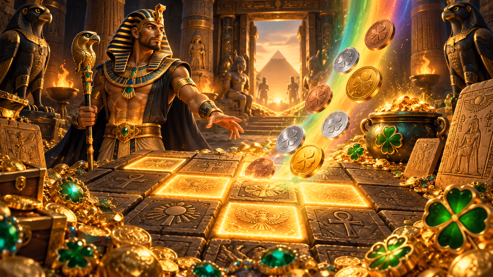 Original Egyptian treasure chamber with glowing grid squares, rainbow coins, clovers, a golden pot and stone tablets