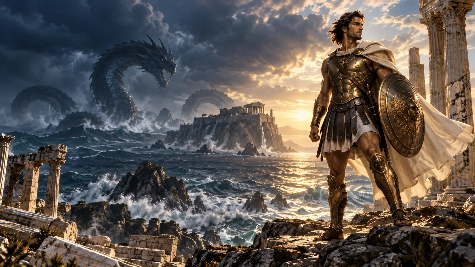 Original editorial artwork of a Greek hero overlooking a stormy sea and distant sea serpent