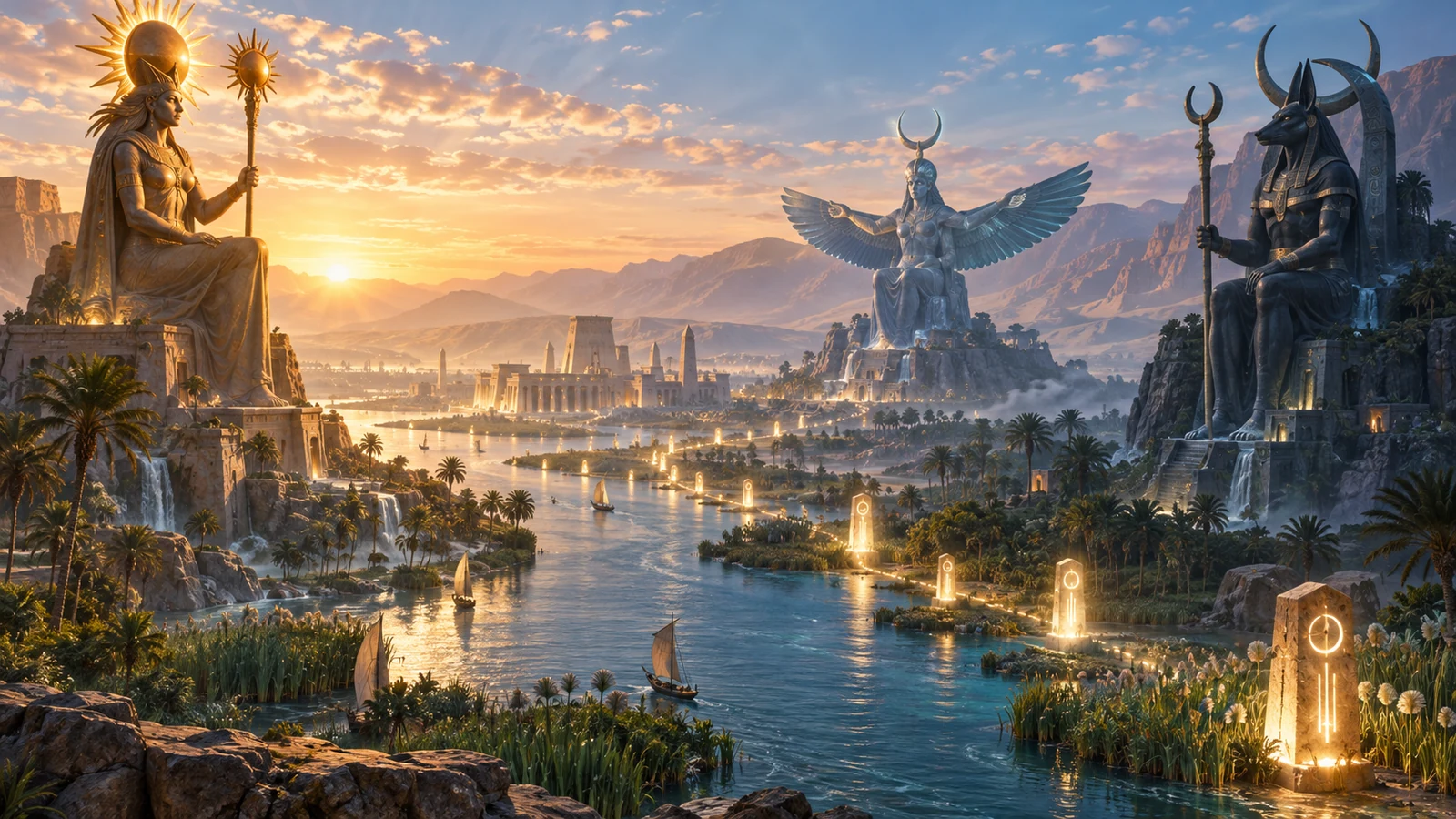 Original editorial fantasy artwork of a broad river valley watched by three monumental guardian statues