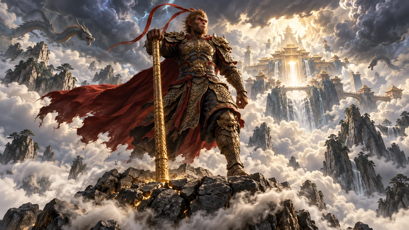 Original editorial artwork of a staff-wielding monkey warrior above a luminous cloud mountain