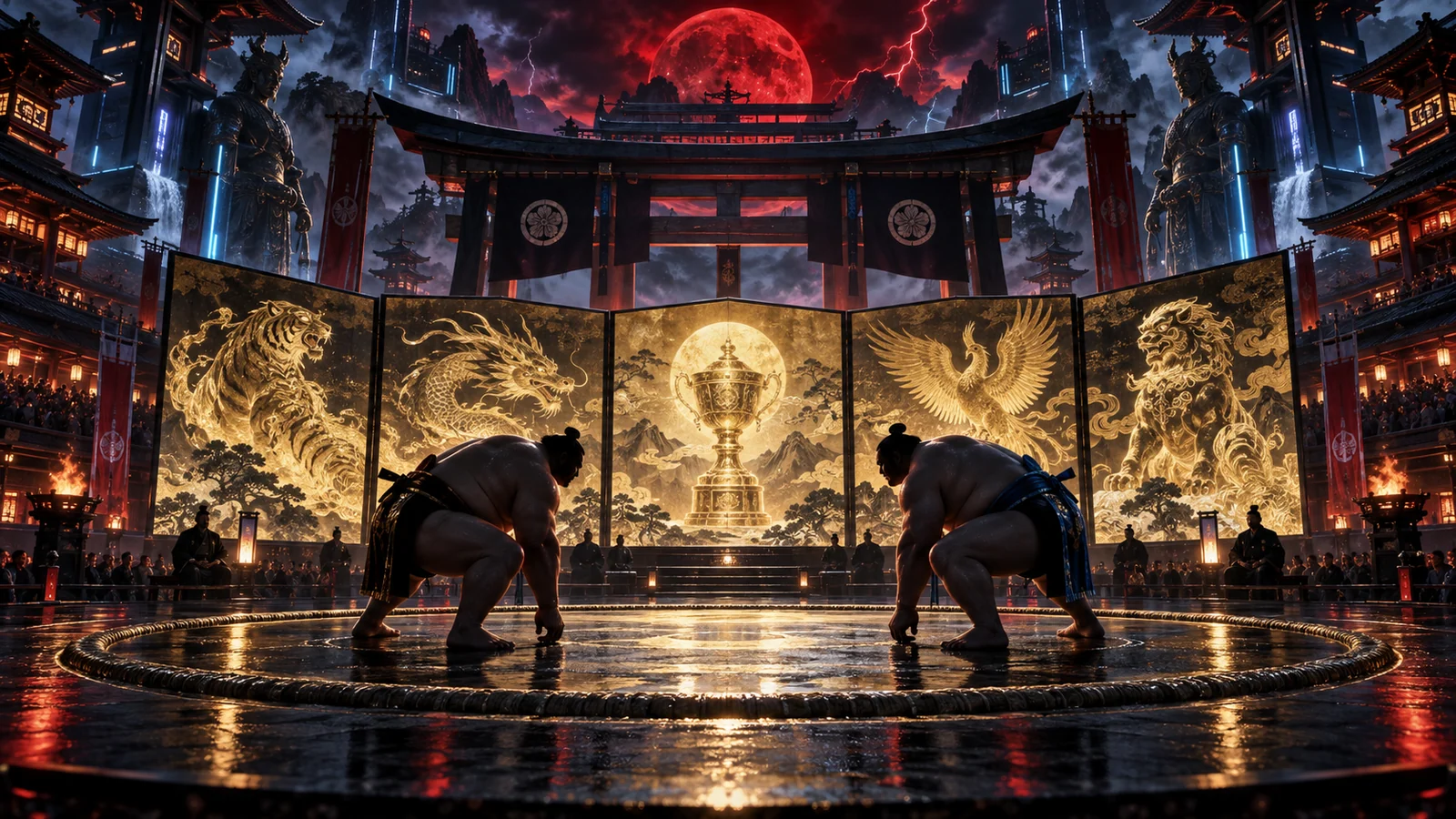 Original editorial artwork of two fictional sumo wrestlers in a ceremonial arena beneath a red moon