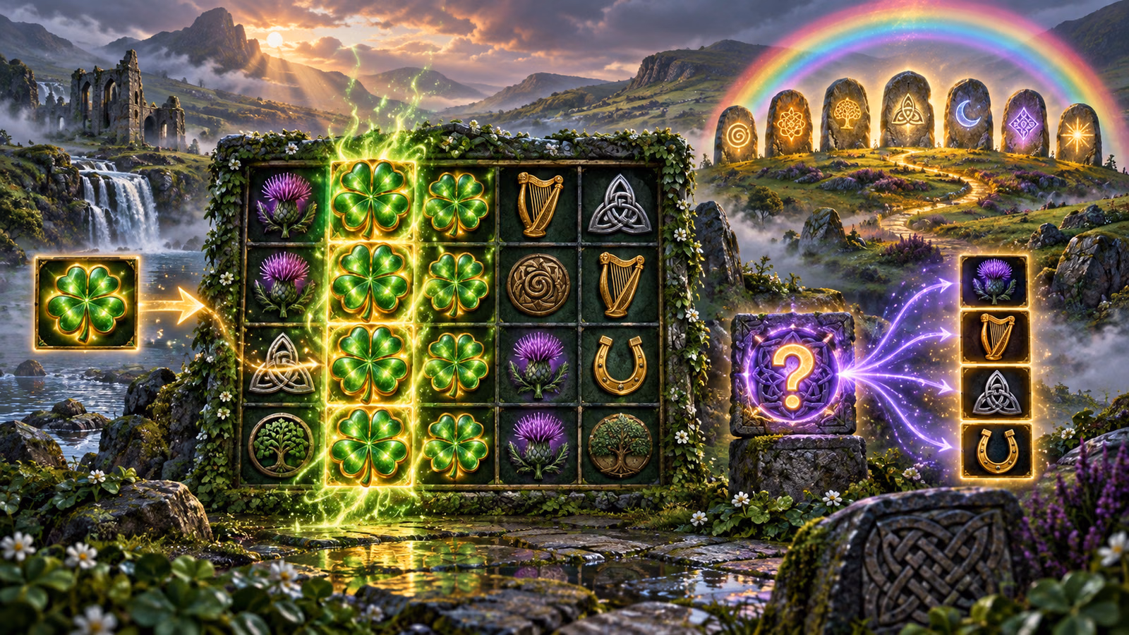 Original emerald highlands with a four-by-five board, massive clover stacks, a rainbow and seven glowing bonus stones