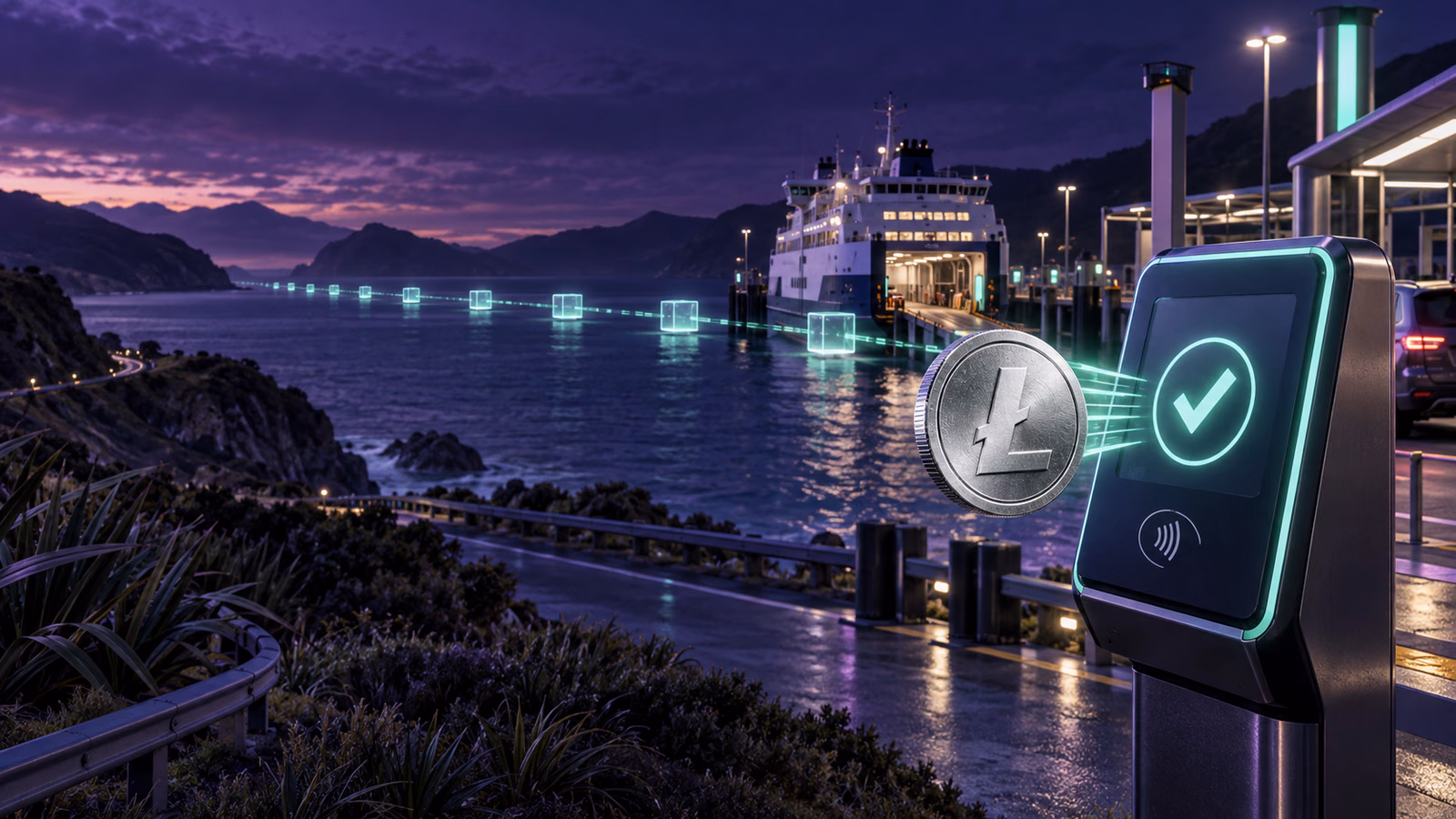 Original Litecoin payment checkpoint beside a New Zealand coastal ferry route