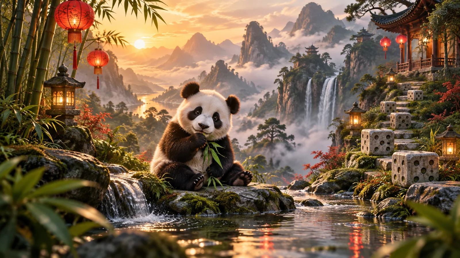 Original editorial artwork of a panda in a bamboo mountain sanctuary with carved stone cubes