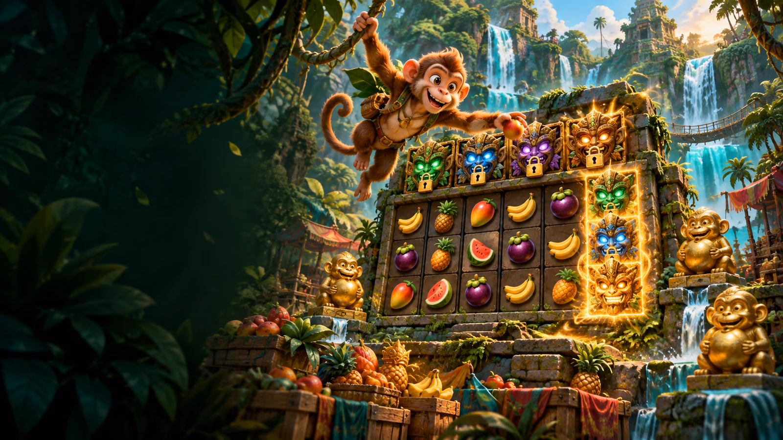 Original tropical monkey adventure with fruit reels, four locked Wild masks and golden monkey statues