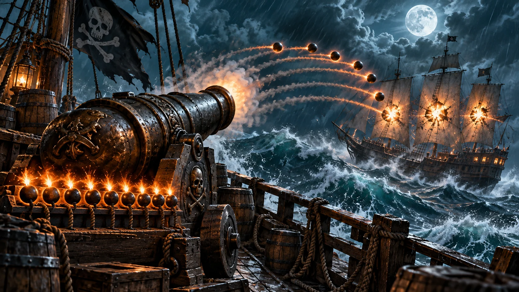 Original editorial artwork of a pirate cannon firing nine glowing cannonballs toward three central sails