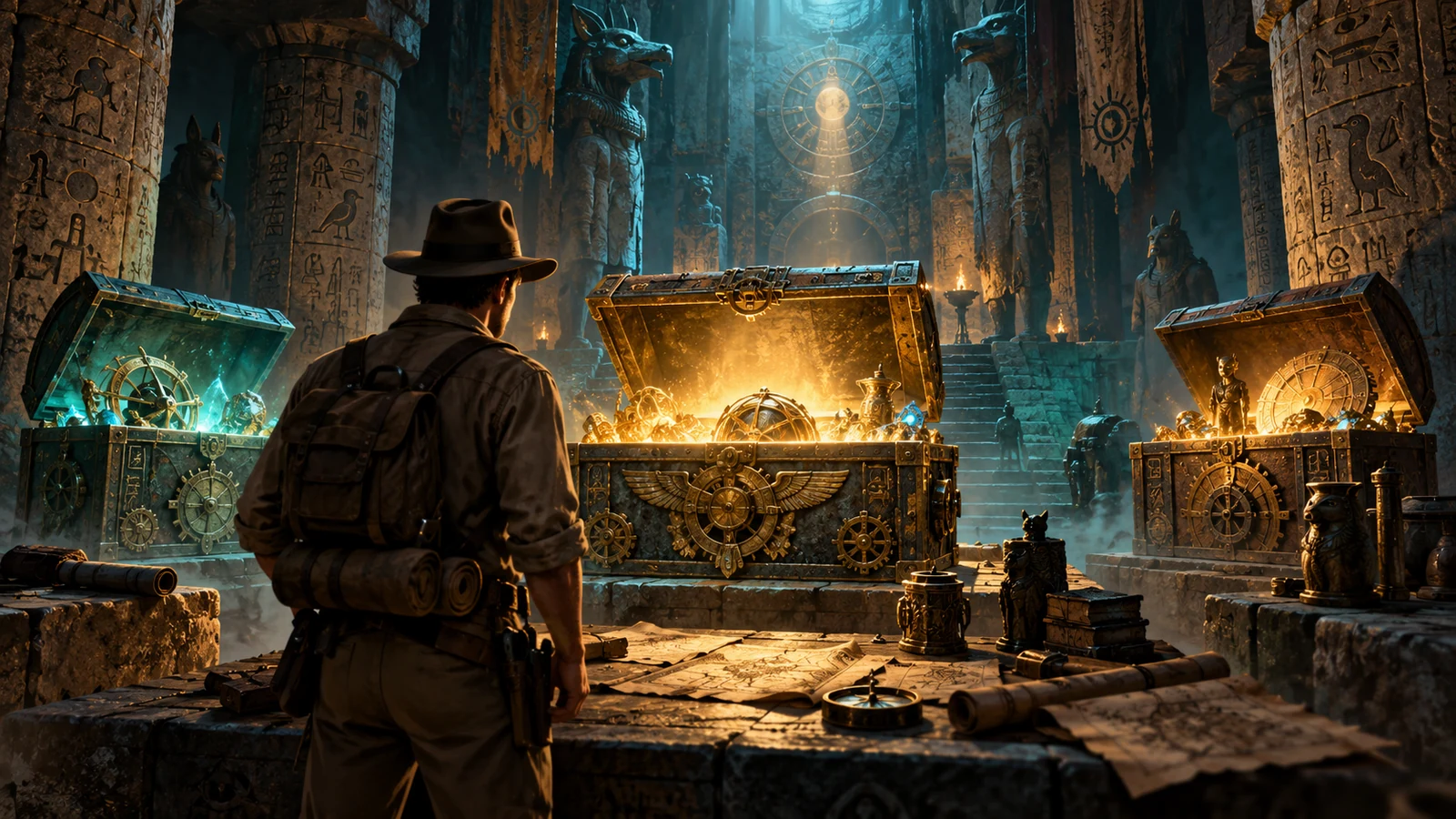 Original editorial artwork of an explorer facing three illuminated mechanical chests in an ancient vault